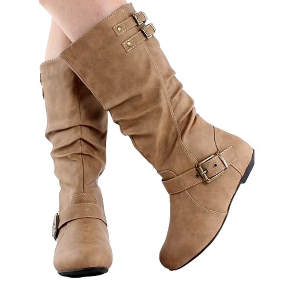 Top Moda Taupe Slouch Mid-Calf Boots – Round Toe Buckle Detail Flat Heel Casual - Picture 3 of 7